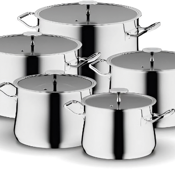 طقم اواني طهي فاخر من الستانلس ستيل 18/10 مكون من 5 حلل مع 5 أغطية (18/20/22/24/26) بمقبض ستانلس ستيل من عبود - فضي