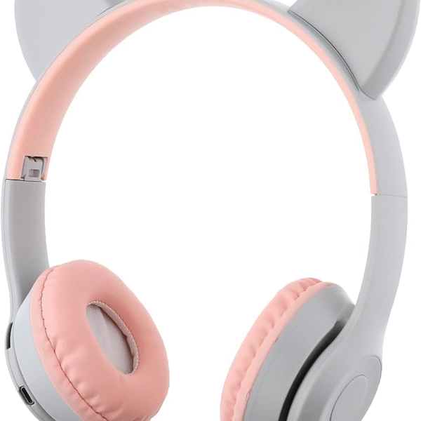 سماعة رأس لاسلكية p47 كات، بشكل اذن قطة بالبلوتوث 5.0، رأس للاطفال، رأس ليد بلوتوث فوق الاذن للاطفال والكبار (لبني)