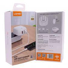 شاحن سريع مع كابل TYPE-C من لدينو، 18 وات 2 كيو سي 3.0 USB، (منفذين)، لون ابيض A2512Q
